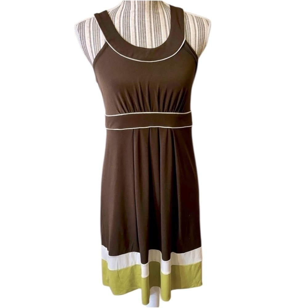 Banana Republic Dress Small Stretch Brown White Avocado Green Sleeveless Boho